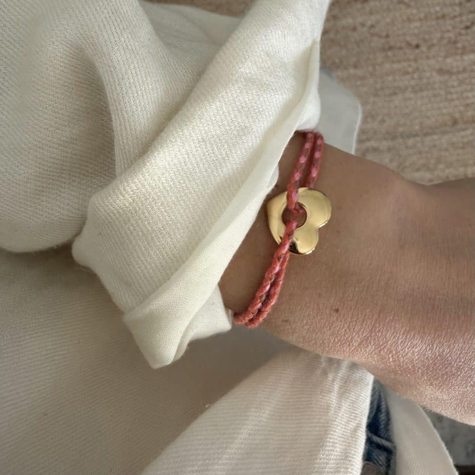 Bracelet cordon rose coeur pièce unique